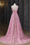 Pink Applique Long Prom Dress, A-Line Spaghetti Straps Formal Dress HZ0429