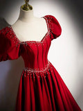 Elegant Burgundy Floor Length Prom Dress, A-Line Beading Puffy Short Sleeve Backless Evening Dress HZ0429