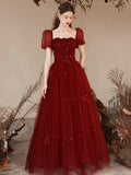 Burgundy Tulle Beaded Floor Length Prom Dress, Cute Short Sleeve Evening Dress HZ0429