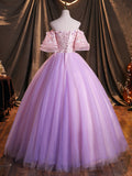 Purple Tulle Sequins Long Prom Dress, A-Line Off the Shoulder Evening Party Dress HZ0429