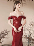 Burgundy Sequins Long Prom Dress, Mermaid Off the Shoulder Evening Party Dress HZ0429
