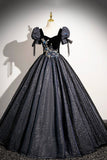 Black Glitter Floor Length Prom Dress, Elegant Short Sleeve Evening Party Dress HZ0429
