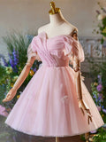 Pink Tulle Knee Length  A-Line Party Dress, Lovely Off the Shoulder Prom Dress HZ0429