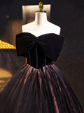 Black Velvet Tulle Long Prom Dress with Rose Print Pattern, Elegant Off the Shoulder Party Dress HZ0429