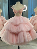 Pink Tea Length Tulle Beaded Party Dress, Charming A-line Evening Graduation Dress HZ0429