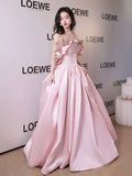 Off Shoulder Pink Satin Long Formal Dress, Pink Evening Dress Party Dress HZ0429