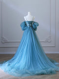 Fairy Blue Spaghetti Straps Corset Tulle Prom Dress, Detachable off Shoulder Party Dress HZ0429