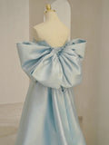 Charming Blue Satin Long Prom Dress with Big Bow, A-Line Sweetheart Neck Formal Dress HZ0429