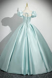 Lovely Satin Lace Long Prom Dress, Ice Blue A-Line Short Sleeve Evening Party Dress HZ0429