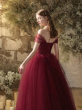 Burgundy Tulle Long A-Line Prom Dress, Off the Shoulder Evening Party Dress HZ0429