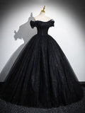 Sparkly Tulle Black Sweetheart Ball Gown, A-Line Off the Shoulder Evening Dress HZ0429