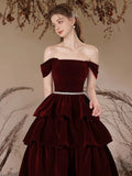 Burgundy Velvet Layers Long Prom Dress, Beautiful A-Line Off the Shoulder Evening Party Dress HZ0429