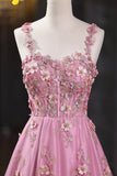 Pink Applique Long Prom Dress, A-Line Spaghetti Straps Formal Dress HZ0429
