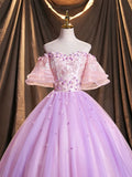 Purple Tulle Sequins Long Prom Dress, A-Line Off the Shoulder Evening Party Dress HZ0429