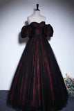 Black Tulle and Rose Print A-Line Prom Dress, Black Off Shoulder Evening Party Dress HZ0429