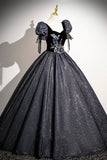 Black Glitter Floor Length Prom Dress, Elegant Short Sleeve Evening Party Dress HZ0429