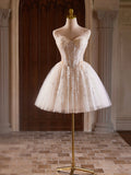 Champagne Strapless Tulle Sequins Short Prom Dress, Lovely Sweetheart Homecoming Party Dress HZ0429