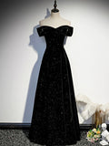 Black Velvet Long Prom Dress, Black Off the Shoulder Evening Party Dress HZ0429