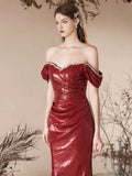 Burgundy Sequins Long Prom Dress, Mermaid Off the Shoulder Evening Party Dress HZ0429