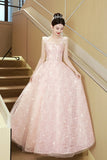Pink Tulle Flowers Long Prom Dress, Beautiful A-Line Evening Party Dress HZ0429