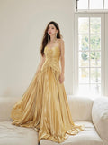 Unique Spaghetti Straps Satin Long Prom Dress, Gold V-Neck Backless Evening Party Dress HZ0429