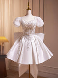 White Satin Beaded Knee Length Prom Dress, Cute A-Line Short Sleeve Party Dress with Bow HZ0429