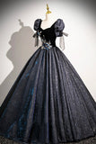 Black Glitter Floor Length Prom Dress, Elegant Short Sleeve Evening Party Dress HZ0429