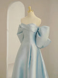 Charming Blue Satin Long Prom Dress with Big Bow, A-Line Sweetheart Neck Formal Dress HZ0429