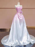 Pink Gradient White Satin Long Prom Dress, Lovely Strapless Evening Party Dress HZ0429
