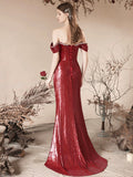 Burgundy Sequins Long Prom Dress, Mermaid Off the Shoulder Evening Party Dress HZ0429