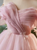 Pink Tulle Knee Length  A-Line Party Dress, Lovely Off the Shoulder Prom Dress HZ0429