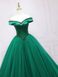 Green Tulle Beads Long Prom Dress, Beautiful Off the Shoulder Party Dress HZ0429