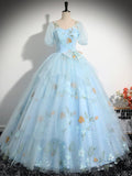 Blue Tulle Floor Length Prom Dress, Beautiful Short Sleeve Evening Party Dress HZ0429