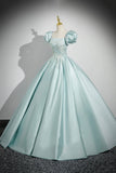 Lovely Satin Lace Long Prom Dress, Ice Blue A-Line Short Sleeve Evening Party Dress HZ0429