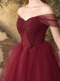Burgundy Tulle Long A-Line Prom Dress, Off the Shoulder Evening Party Dress HZ0429