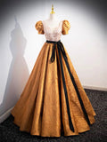 Unique V-Neck Beaded Floor Length Prom Dress, Beautiful A-Line Short Sleeve Party Dress HZ0429