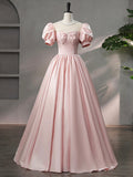 Beautiful Pink Scoop Neck Satin Floor Length Prom Dress, A-Line Short Sleeve Evening Dress with Bow HZ0429