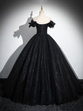 Sparkly Tulle Black Sweetheart Ball Gown, A-Line Off the Shoulder Evening Dress HZ0429