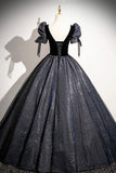 Black Glitter Floor Length Prom Dress, Elegant Short Sleeve Evening Party Dress HZ0429