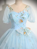 Blue Tulle Floor Length Prom Dress, Beautiful Short Sleeve Evening Party Dress HZ0429