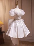 White Satin Beaded Knee Length Prom Dress, Cute A-Line Short Sleeve Party Dress with Bow HZ0429