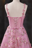 Pink Applique Long Prom Dress, A-Line Spaghetti Straps Formal Dress HZ0429