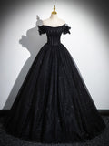 Sparkly Tulle Black Sweetheart Ball Gown, A-Line Off the Shoulder Evening Dress HZ0429