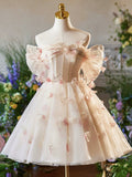 Champagne Floral Tulle Short A-Line Prom Dress, Off the Shoulder Evening Party Dress HZ0429