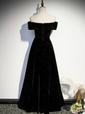 Black Velvet Long Prom Dress, Black Off the Shoulder Evening Party Dress HZ0429