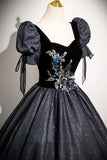 Black Glitter Floor Length Prom Dress, Elegant Short Sleeve Evening Party Dress HZ0429