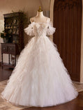 A-Line Tulle Layers Long Prom Dress, Ivory Spaghetti Strap Sweet 16 Dress Evening Dress HZ0429