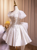 White Satin Beaded Knee Length Prom Dress, Cute A-Line Short Sleeve Party Dress with Bow HZ0429