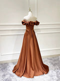 Simple Satin Long Prom Dress, Off the Shoulder V-Neck Evening Dress HZ0429
