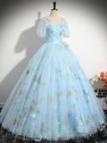 Blue Tulle Floor Length Prom Dress, Beautiful Short Sleeve Evening Party Dress HZ0429